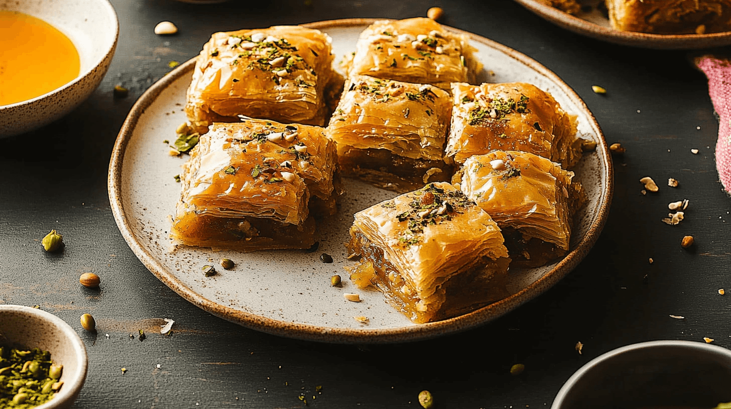 Traditional Greek desserts like baklava, loukoumades, and galaktoboureko on a platter with honey and nuts.