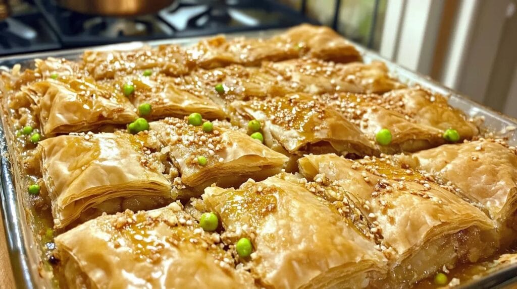  Traditional baklava dessert with layers of phyllo dough, nuts, and honey syrup.