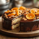 A rich and moist chocolate orange almond cake, freshly baked with a glossy chocolate glaze and garnished with orange zest and almond slices,Prolific oven chocolate orange almond cake recipe