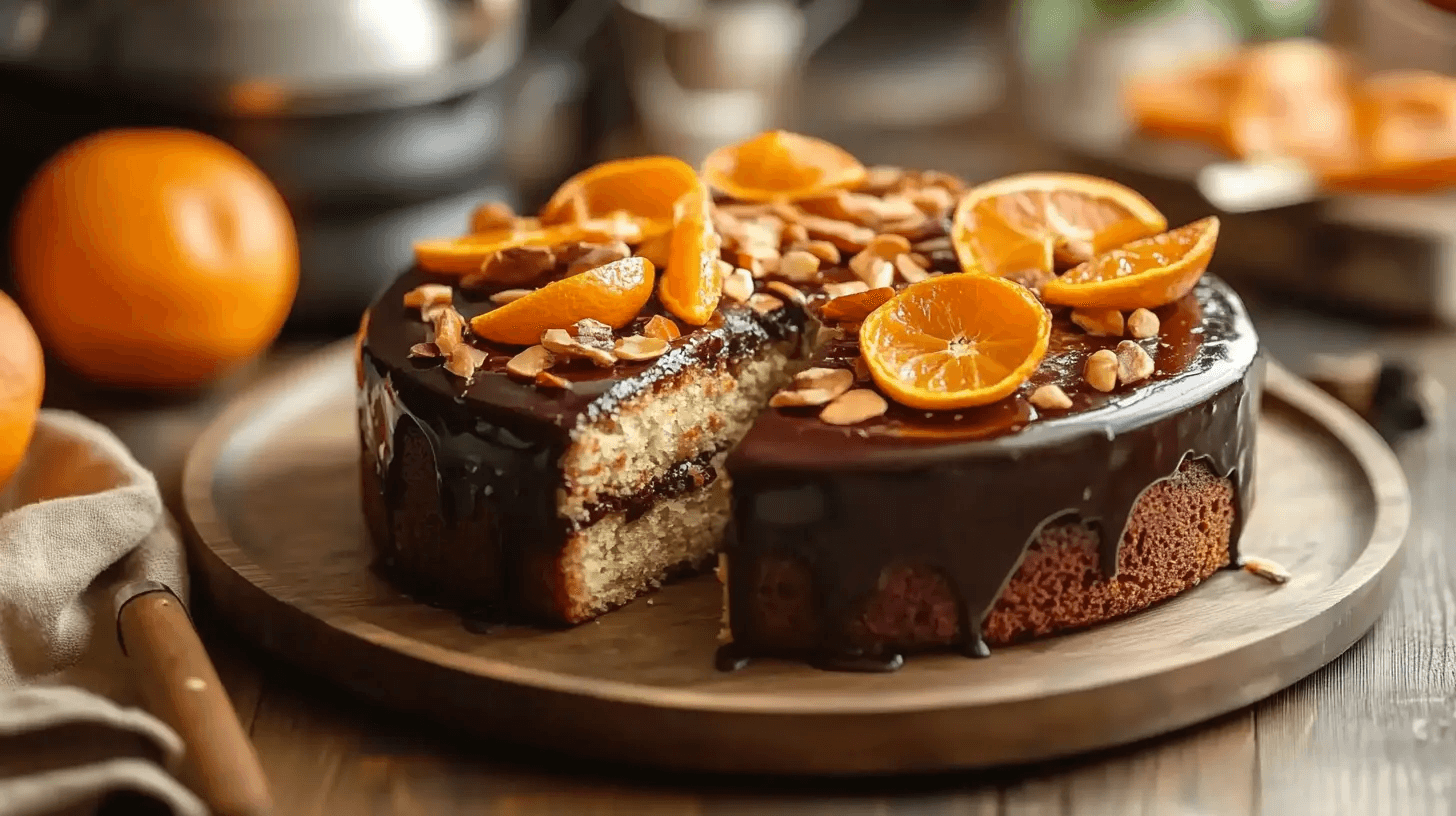 A rich and moist chocolate orange almond cake, freshly baked with a glossy chocolate glaze and garnished with orange zest and almond slices,Prolific oven chocolate orange almond cake recipe