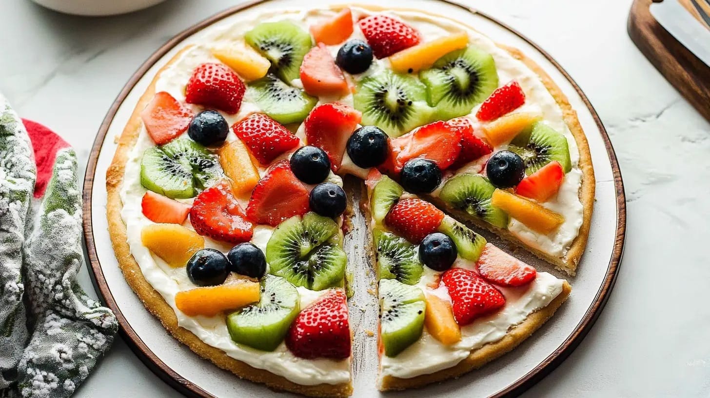 Delicious dessert pizza topped with fresh fruits like strawberries, blueberries, and kiwi.