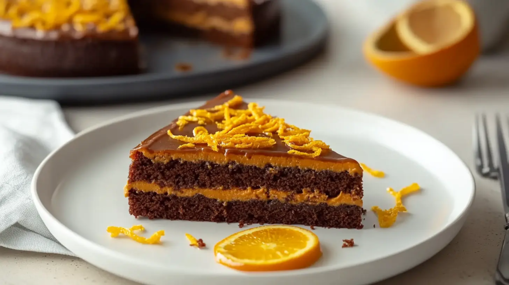 A freshly baked chocolate orange almond cake with a rich chocolate glaze, garnished with orange zest and almond slices.