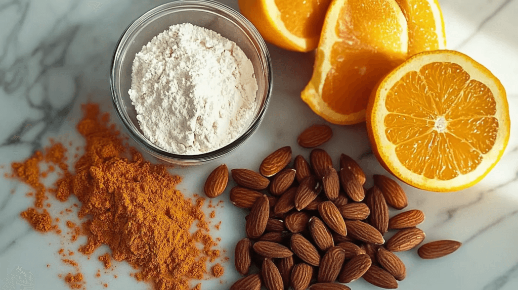 A flat lay of essential ingredients for a chocolate orange almond cake, including cocoa powder, fresh oranges, almonds, eggs, butter, and flour.